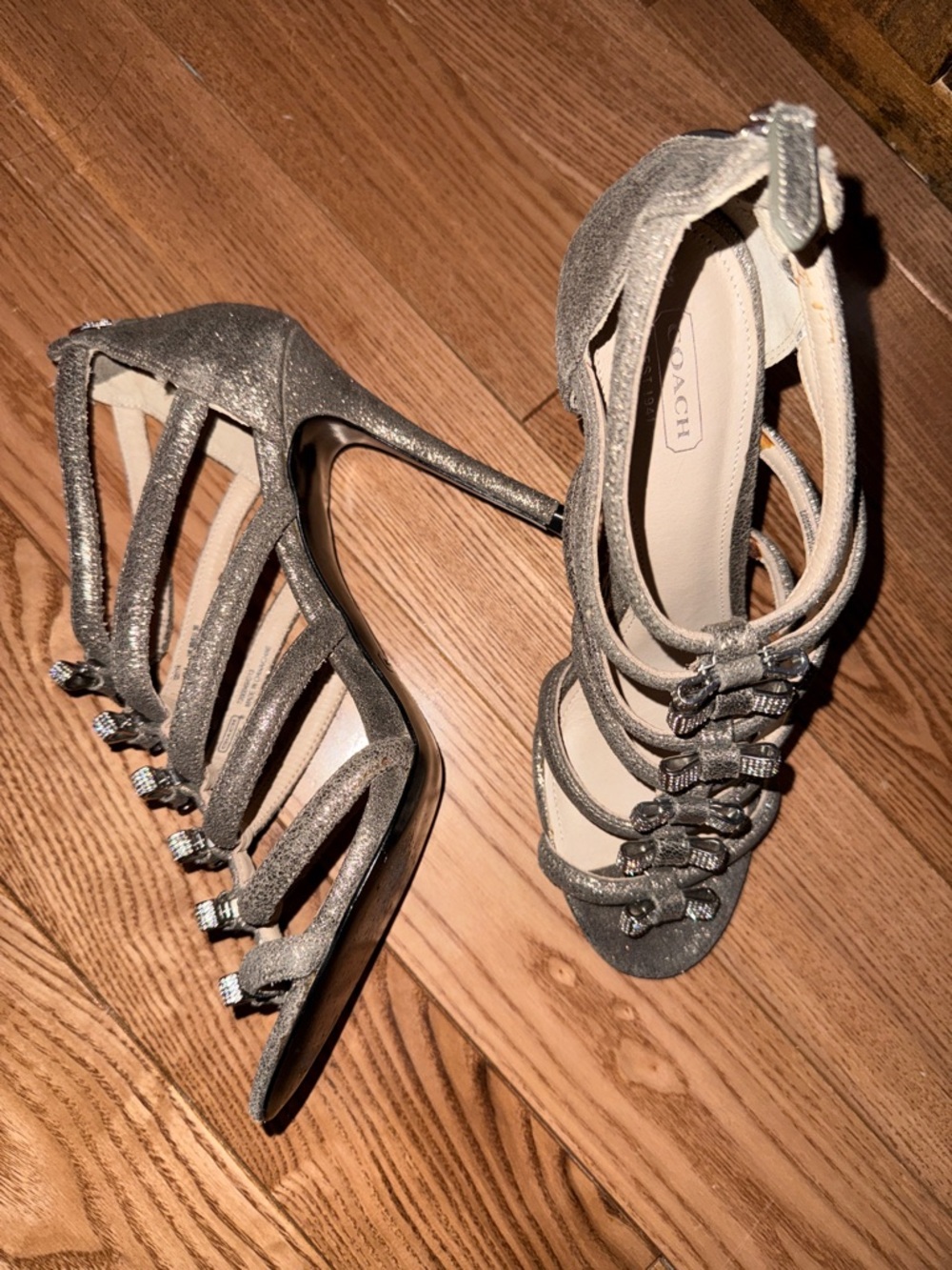 Coach Sparkling Silver Multi-Strap Stiletto Sandals